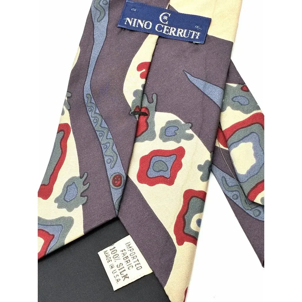 Vintage Nino Cerruti 100% Silk Tie Abstract Burgundy Gray Red Necktie